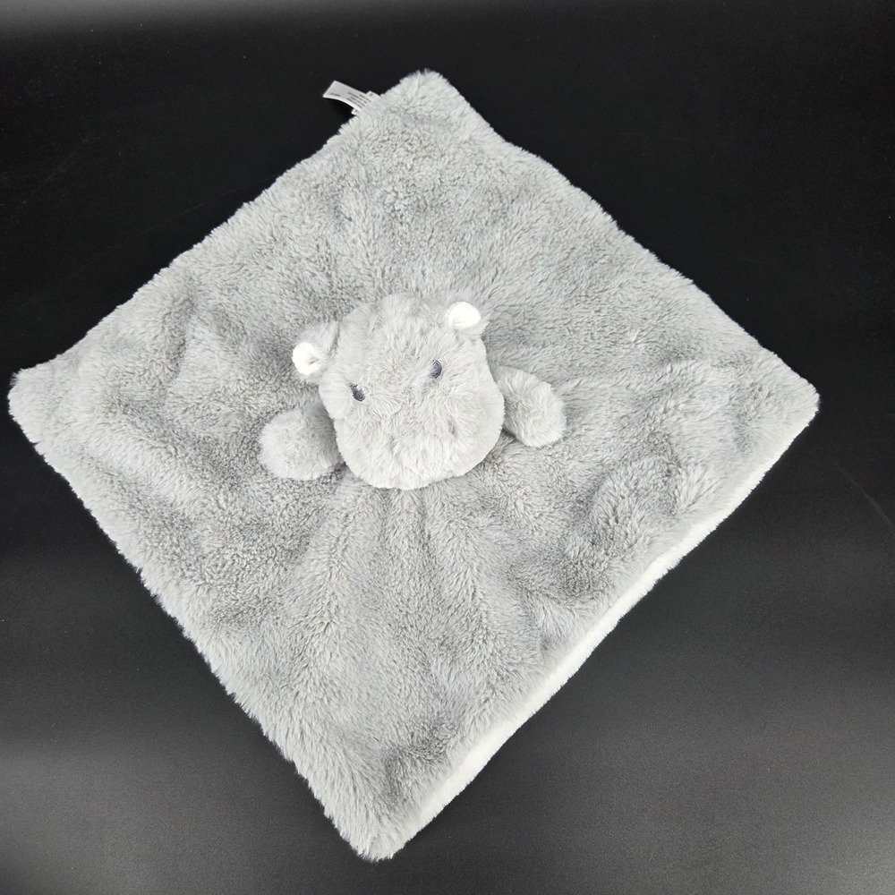 Grey Hippo Plush Security Blanket Baby Lovey Soft Shaggy Faux Fur Grey White - Picture 1 of 4